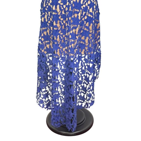 NEW Ashir Aley Royal Blue Cut Out Lace over Nude V-Neck Hi-Lo Dress Women's Sz L - Picture 7 of 9